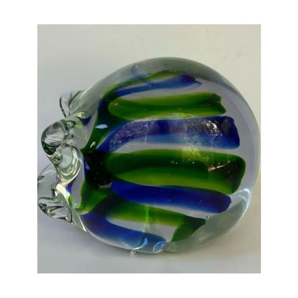 Vintage Murano Glass Pig Paperweight with Blue and Green Ribbon Motif